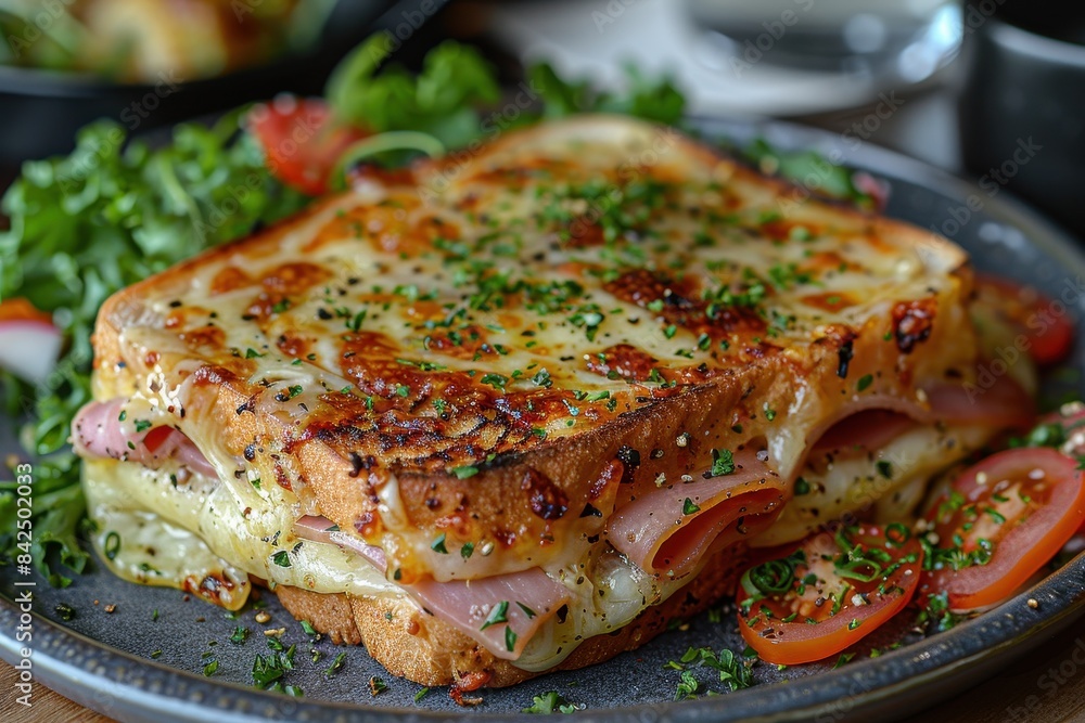 Croque Monsieur A Croque Monsieur sandwich with melted cheese and ham, topped with a golden bechamel sauce. Served with a side of mixed greens. Croque Monsieur A Croque Monsieur sandwich with melted cheese and ham, topped with a golden bechamel sauce. Served with a side of mixed greens.