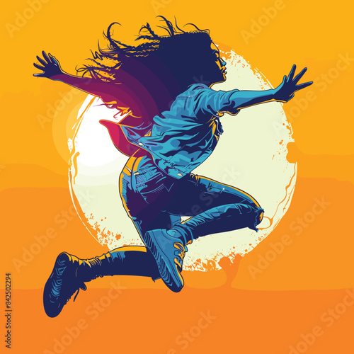 young African American woman joyfully jumps against orange gradient background, wears casual clothes, jeans, blue shirt sneakers, hair flowing dynamically. Energetic free dance leap captured