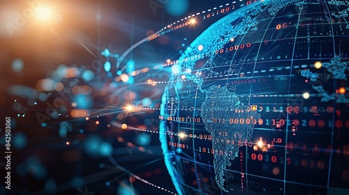 Digital world globe representing global network and connectivity on Earth, featuring high-speed data transfer, cyber technology, information exchange, and international telecommunications.