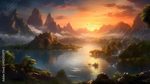 Fantasy landscape with mountains and lake at sunrise. Digital painting.