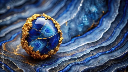 A vibrant sapphire blue marble stone, veined with glittering gold, sits majestically against a backdrop of a dramatically textured graphite geode wallpaper, sapphire blue marble