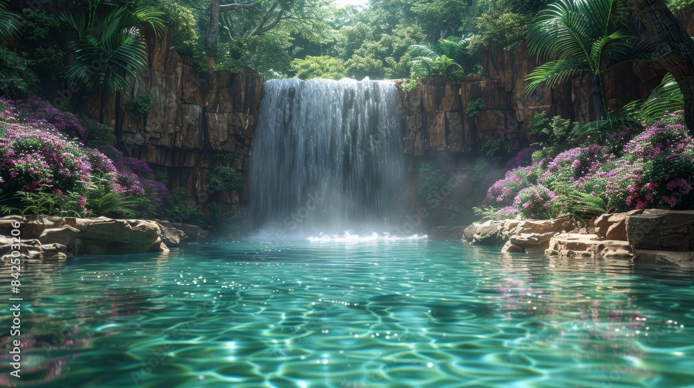A magical waterfall cascading into a crystal-clear pool, surrounded by lush, vibrant greenery.