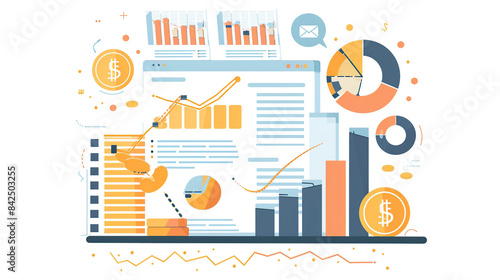 Flat vector illustration of financial data visualization charts and coins on a white background, in a flat design style with simple lines and shapes