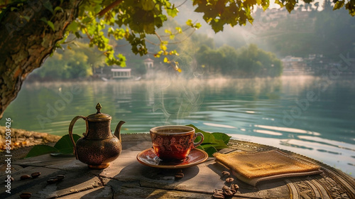 A beautiful landscape with a lake near which there is a table with a cup of strong delicious coffee photo