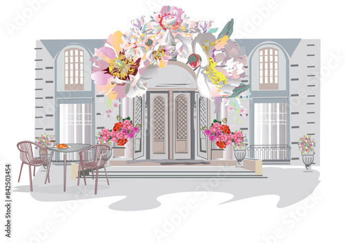 Series of backgrounds decorated with flowers, old town views and street cafes. Cafe window.   Hand drawn vector architectural background with historic buildings. 
