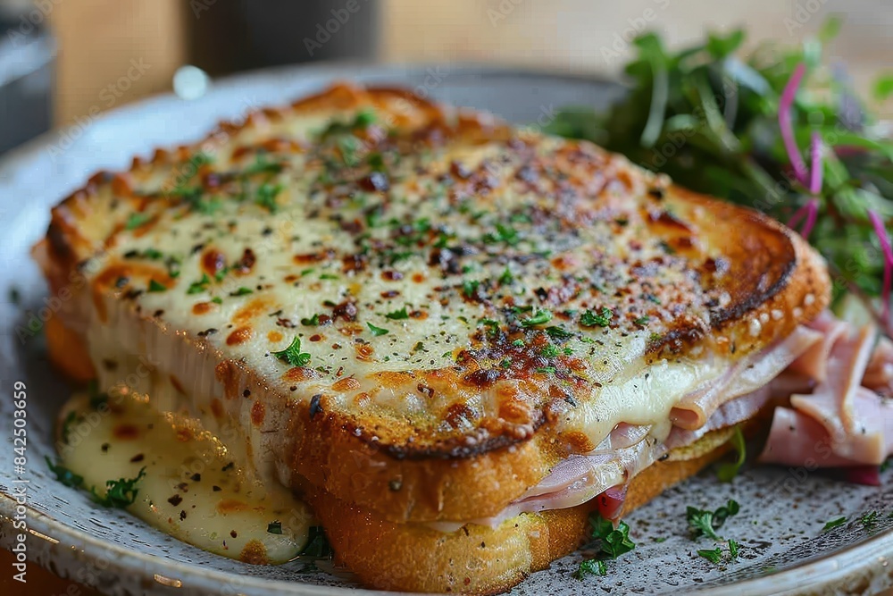 Croque Monsieur A Croque Monsieur sandwich with melted cheese and ham, topped with a golden bechamel sauce. Served with a side of mixed greens. Croque Monsieur A Croque Monsieur sandwich with melted cheese and ham, topped with a golden bechamel sauce. Served with a side of mixed greens.