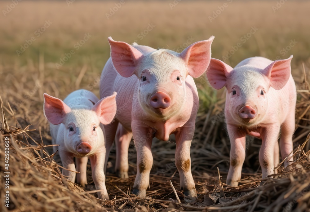 a group of three pigs standing on top of a dry grass field a group of three pigs standing on top of a dry grass field