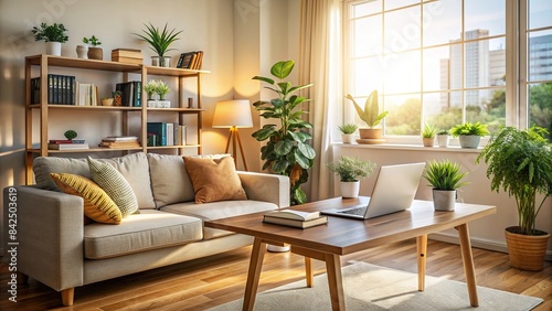 A cozy  minimalist living room with a study table featuring a laptop  books  and a potted plant. Warm lighting bathes the room in a soft glow  creating a comfortable and inspiring atmosphere