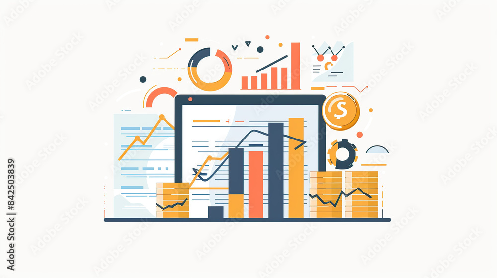 Flat vector illustration of financial data visualization charts and coins on a white background, in a flat design style with simple lines and shapes Flat vector illustration of financial data visualization charts and coins on a white background, in a flat design style with simple lines and shapes