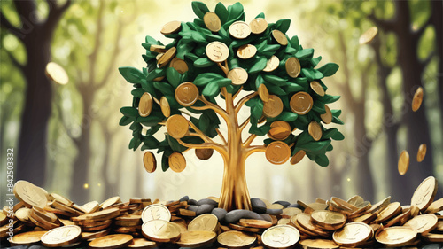 Coins on the tree. Business investment ideas coin tree planting and saving money tree coin tree money growth idea for bank or bank vector illustration.