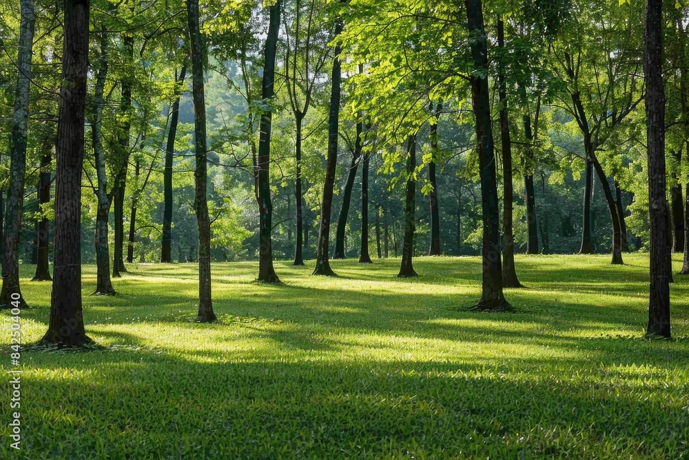 Naklejka premium Green Woods Landscape. Serene Forest with Lush Greenery and Trees in the Park