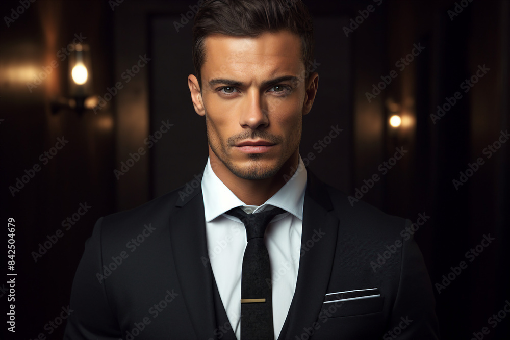 Generative AI illustration of young confident elegant man in suit Generative AI illustration of young confident elegant man in suit