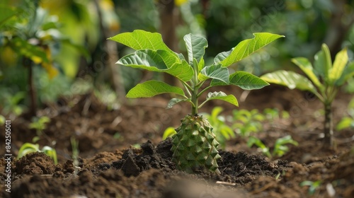 A little soursop tree is being planted in the soil photo