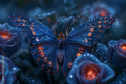 award winning photograph of dark-blue roses & and orange and copper butterfly, dew drops, misty bokeh  photo