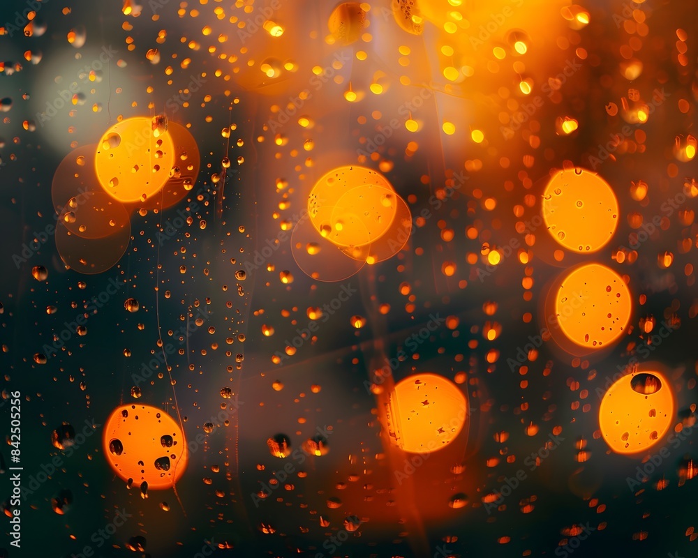 Obraz premium A raindrops on the window, with blurred lights in orange tones 