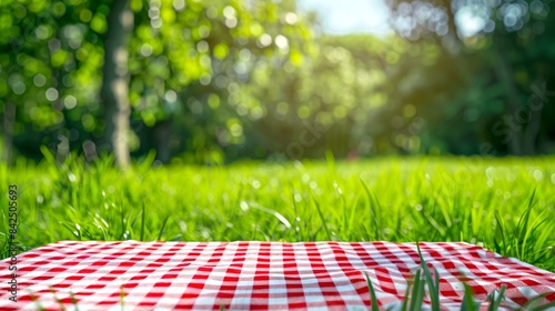 Red and white checkered tablecloth set for a picnic in a lush green park. Captured in a vibrant and sunny outdoor setting. Ideal for promoting outdoor activities