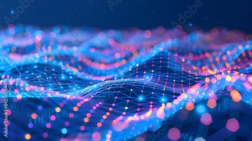 A blue background that is abstract and features colored dots and lines woven together. background that is abstract. Structure of network connections.