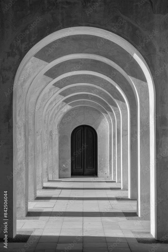 A plain door framed by a series of minimalist arches, each arch slightly larger than the one before, creating a sense of depth and perspective. The background remains solid and neutral