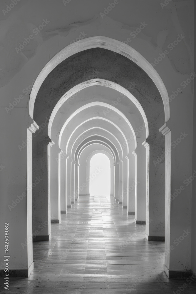 A plain door framed by a series of minimalist arches, each arch slightly larger than the one before, creating a sense of depth and perspective. The background remains solid and neutral