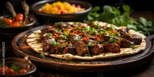 Menu featuring a variety of traditional Arabic and Turkish grilled dishes. Concept Mixed Grill, Shawarma, Kebabs, Mezze Platter, Charcoal Grilled Seafood