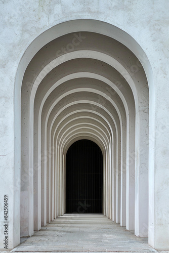 A plain door framed by a series of minimalist arches  each arch slightly larger than the one before  creating a sense of depth and perspective. The background remains solid and neutral