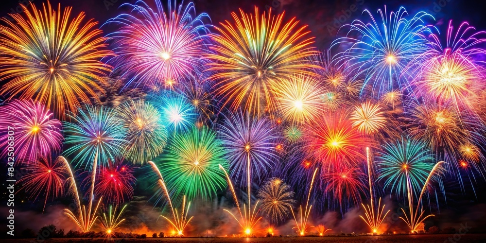 A vibrant display of fireworks explodes against a dark night sky, illuminating the surrounding landscape with streaks of colorful light and smoke, fireworks, night sky, colorful