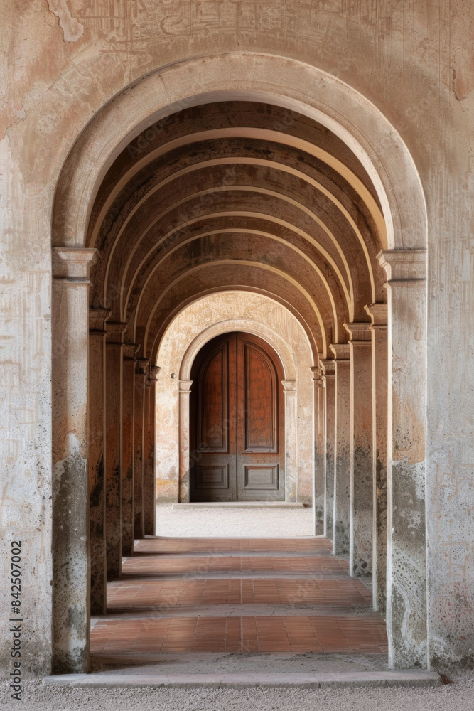 A plain door framed by a series of minimalist arches, each arch slightly larger than the one before, creating a sense of depth and perspective. The background remains solid and neutral