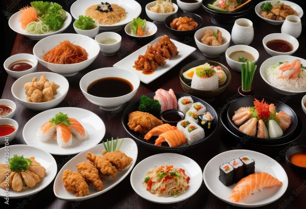 a table topped with lots of plates of food a table topped with lots of plates of food