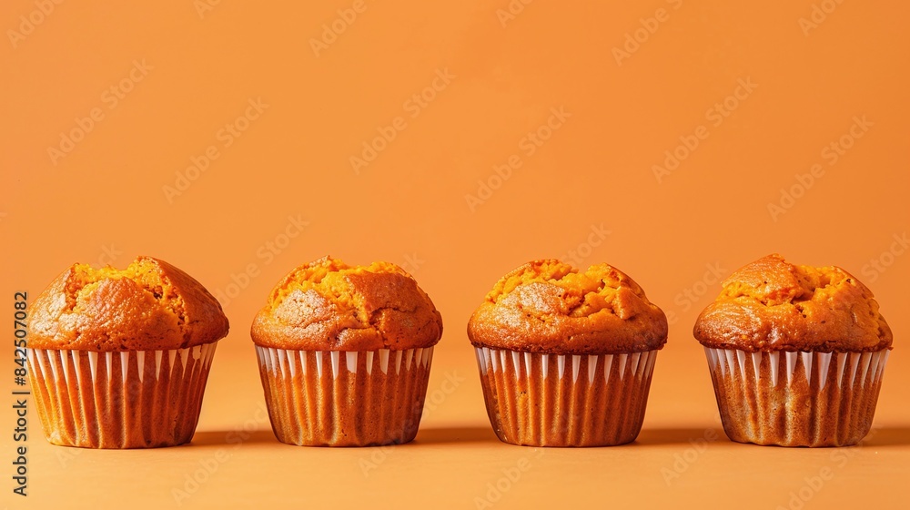 a row of pumpkin muffins on a solid background a row of pumpkin muffins on a solid background