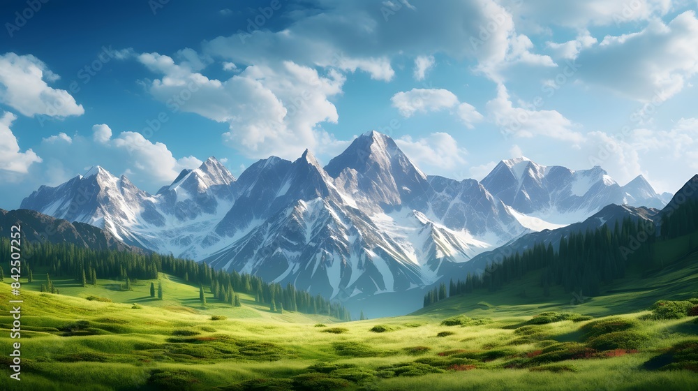 Panoramic view of mountains and meadows. Panorama.