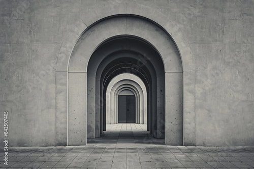 A plain door framed by a series of minimalist arches, each arch slightly larger than the one before, creating a sense of depth and perspective. The background remains solid and neutral