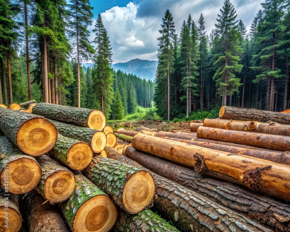 a place of deforestation, piles of chopped logs lie around a place of deforestation, piles of chopped logs lie around