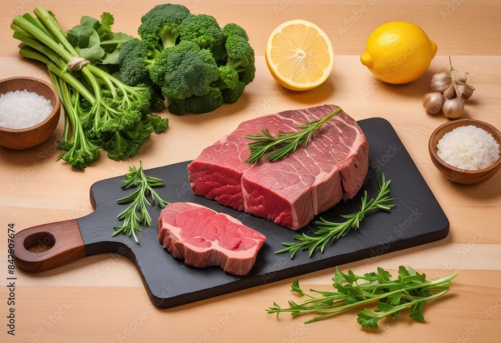 a cutting board topped with meat and vegetables a cutting board topped with meat and vegetables