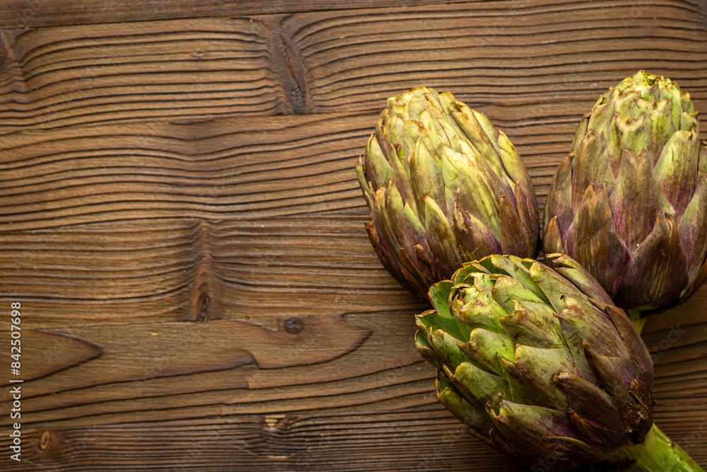 Fototapeta premium Green and purple artichoke flower buds pattern, top view