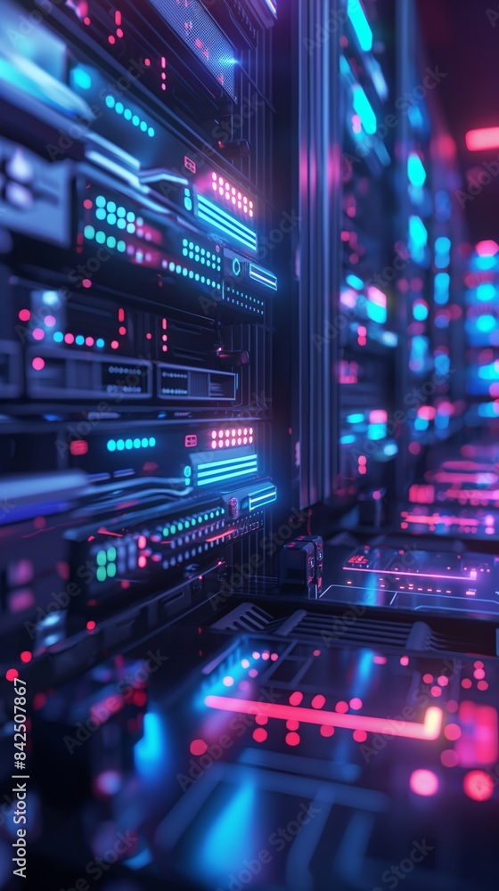 Vertical Image Of A Row Of Servers Illuminated By Neon Lights. 
