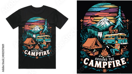 Around the campfire Camping T shirt design vector . photo
