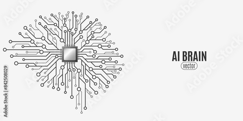 Futuristic AI brain with cpu board on white background. Big data analysis with artificial intelligence. Neural network design elements. Vector illustration. EPS 10.