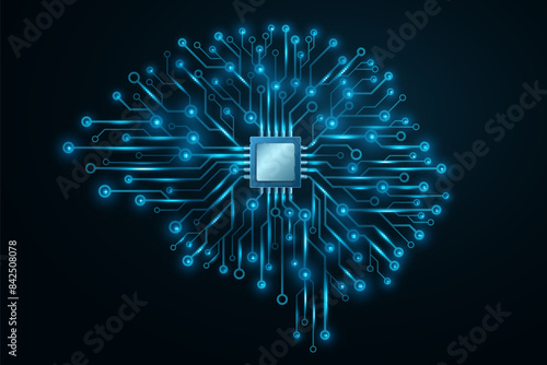 Futuristic AI brain with glowing cpu board. Big data analysis with artificial intelligence. Neural network design elements. Vector illustration. EPS 10. photo