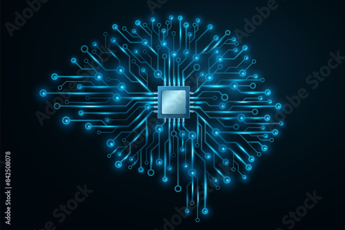Futuristic AI brain with glowing cpu board. Big data analysis with artificial intelligence. Neural network design elements. Vector illustration. EPS 10.