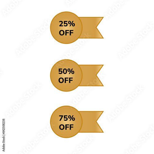 Set of discount labels ( 25%off, 50% off, 75% off) for different sales, in gold colors. photo