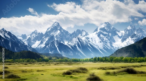 Panoramic view of mountains and grassland. Shot in New Zealand.