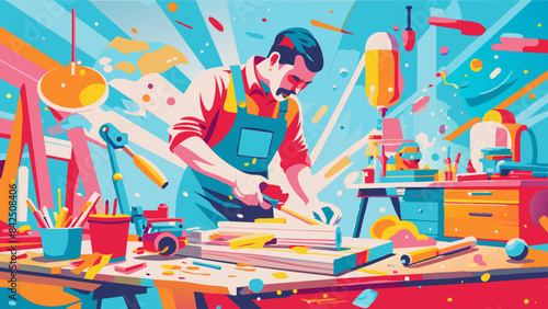 Vibrant Illustration of Carpenter at Work in Colorful Workshop