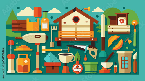 Vibrant Illustration of Garden Tools and Accessories for Spring Gardening