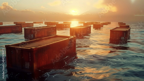 Containers appear as small, colorful dots scattered randomly in the vast ocean