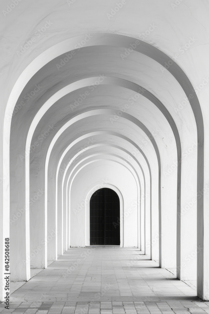 A plain door framed by a series of minimalist arches, each arch slightly larger than the one before, creating a sense of depth and perspective. The background remains solid and neutral A plain door framed by a series of minimalist arches, each arch slightly larger than the one before, creating a sense of depth and perspective. The background remains solid and neutral