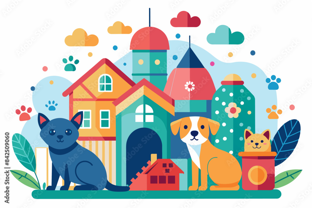 Naklejka premium Colorful Pet-Friendly Neighborhood Illustration. Bright, whimsical illustration of a pet-friendly neighborhood with a dog, cat, and houses, ideal for community and animal-themed content