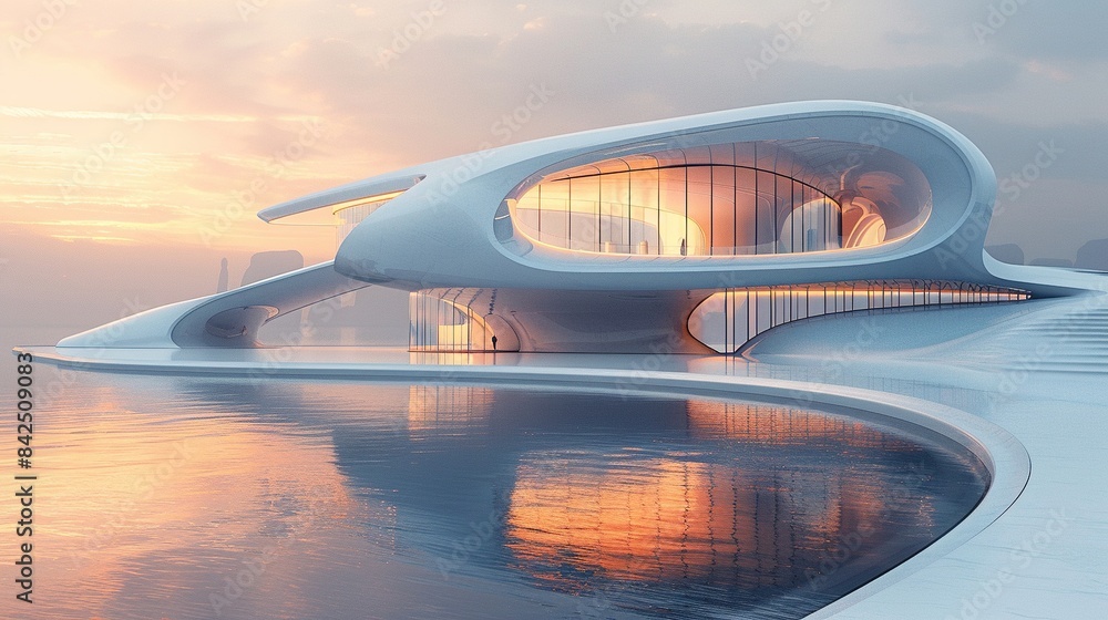 Futuristic waterfront architecture with reflective glass panels at dawn Futuristic waterfront architecture with reflective glass panels at dawn