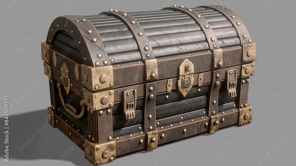 A Wooden Treasure Chest On A Grey Background. A Wooden Treasure Chest On A Grey Background.