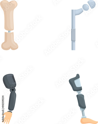 Set of four isolated vector illustrations depicting different types of modern prosthetic limbs