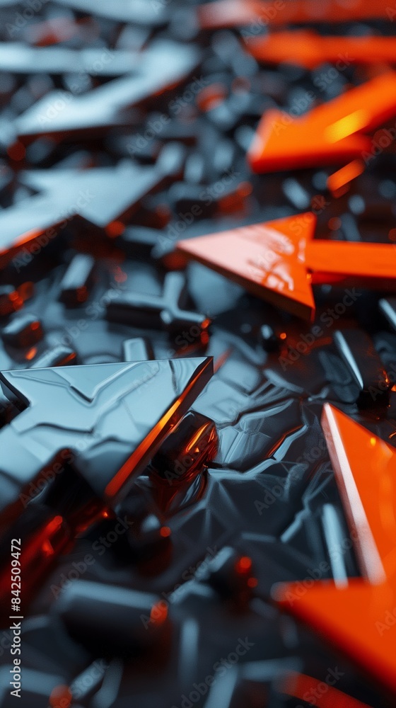 Fototapeta premium Vertical Image Of A black and orange arrows pointing in opposite directions on a black background.